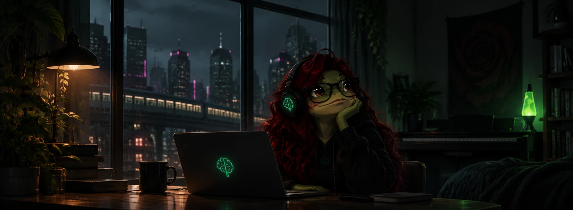 a frog in a dark room by a window, with a laptop, a lamp and a city outside